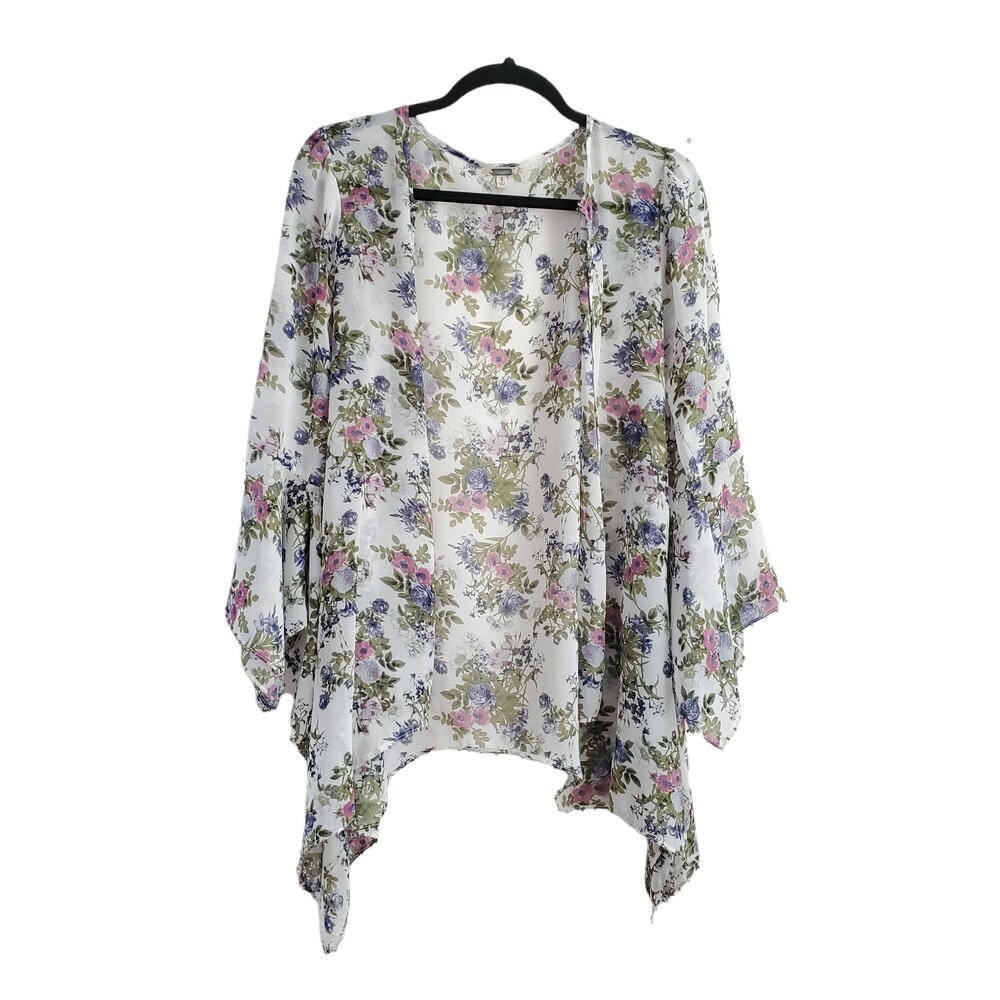 White Kimono Floral Ruffle Style Cardigan Sheer Beaded S Small Handkerchief Hem